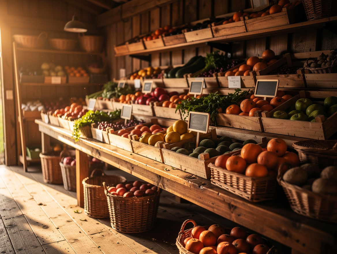 Intérieur chaleureux du magasin de la ferme, étals de fruits et légumes en cagettes et paniers