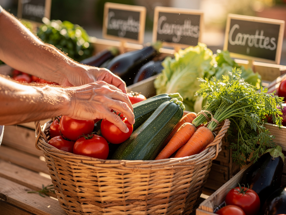 Des mains remplissent un panier d’osier de légumes frais de saison à la ferme du Vidalet