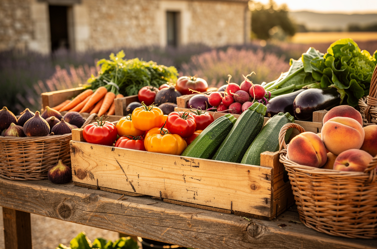 L'étal de la ferme : cagettes de fruits et légumes de saison devant le mas, avec la lavande du Luberon