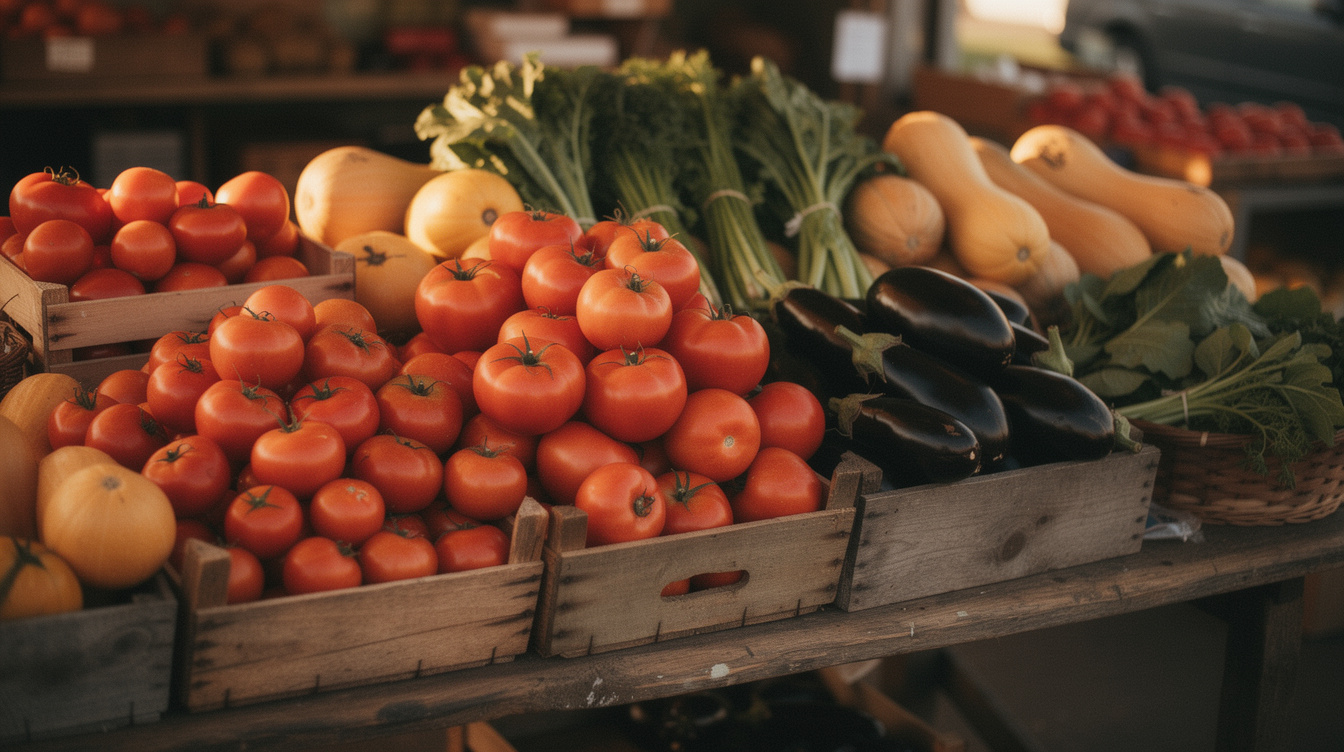Étal de la ferme débordant de tomates, courges, aubergines et légumes de saison