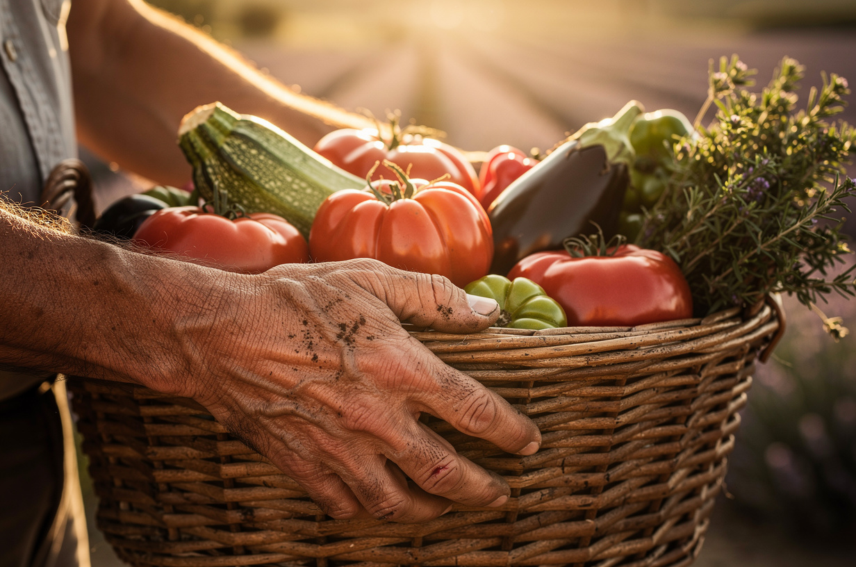 Les mains du producteur tenant un panier de légumes fraîchement cueillis à la ferme