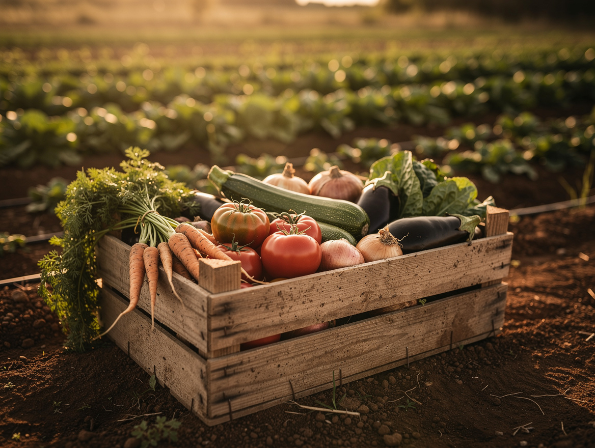 Cagette de légumes fraîchement récoltés posée dans un potager au soleil